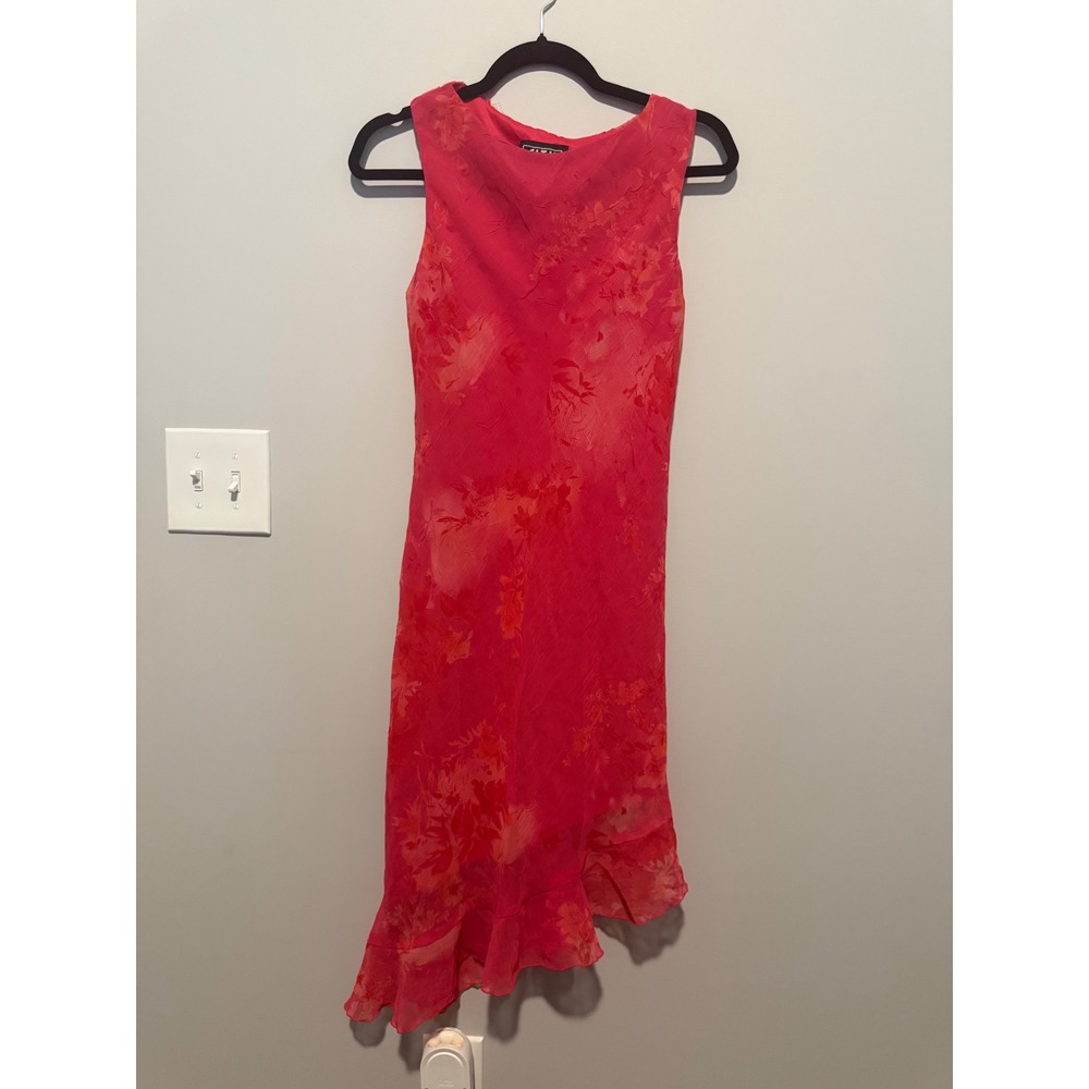 City Triangles Vintage Pink Orange Floral Asymmetrical Ruffle Midi Dress Y2K